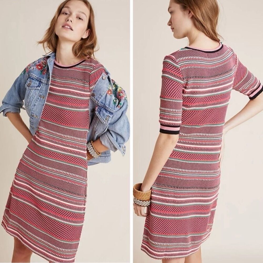Anthropologie Aldo Martins Alice Stripe Knit Dress Womens Medium Pink Red Ruffle